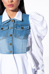 HER DENIM TOP WITH SATIN CONTRAST