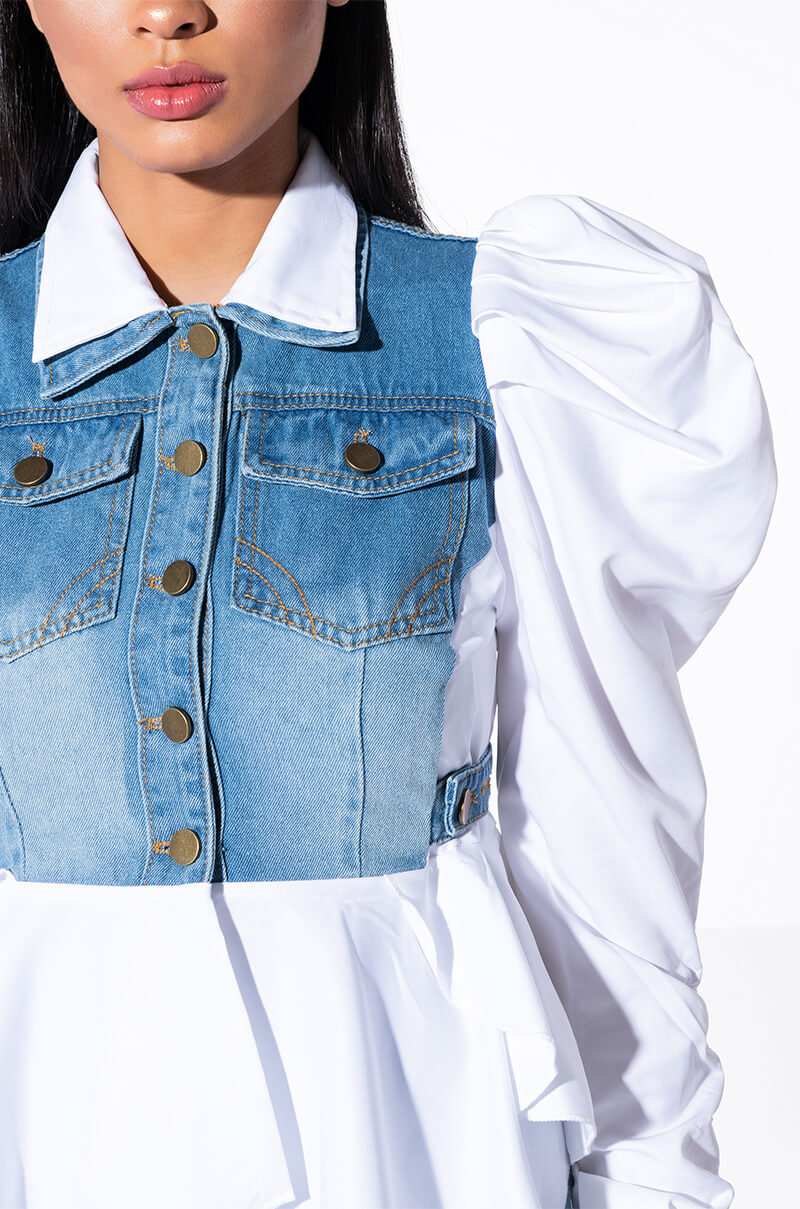 HER DENIM TOP WITH SATIN CONTRAST