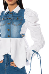 HER DENIM TOP WITH SATIN CONTRAST