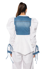 HER DENIM TOP WITH SATIN CONTRAST