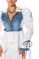 HER DENIM TOP WITH SATIN CONTRAST