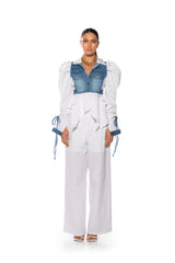HER DENIM TOP WITH SATIN CONTRAST