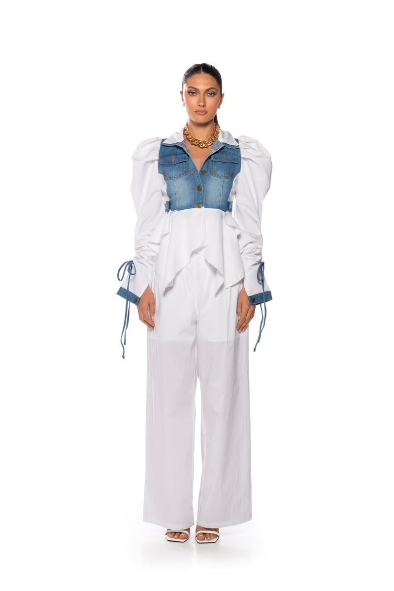 HER DENIM TOP WITH SATIN CONTRAST