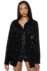 ALL OVER GROMMET DETAIL CORSET BUTTON DOWN SET