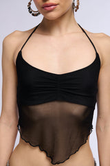 ALL YOUR LOVE HALTER TIE NECK MESH CROP TANK IN BLACK