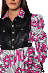 ALWAYS FABULOUS FAUX LEATHER COLLARED BLOUSE