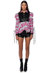 ALWAYS FABULOUS FAUX LEATHER COLLARED BLOUSE