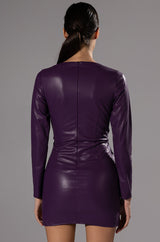 AMETHYST RUCHED FAUX LEATHER LONG SLEEVE MINI DRESS