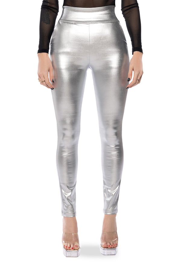 AMMO X AKIRA BIG BOOTY HIGH WAIST FAUX LEATHER PANT IN SILVER