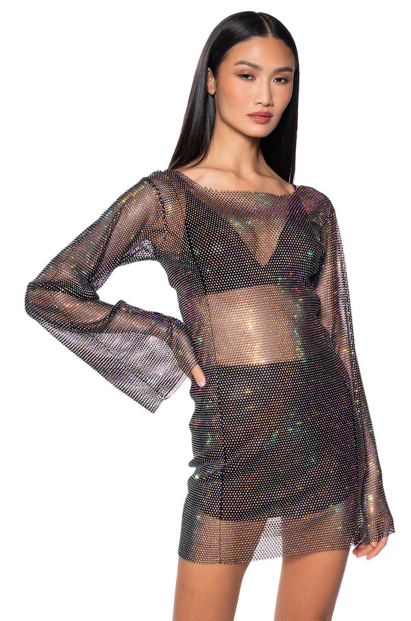 ANAIS RHINESTONE MESH LONG SLEEVE MINI DRESS IN BLACK