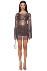 ANAIS RHINESTONE MESH LONG SLEEVE MINI DRESS IN BLACK