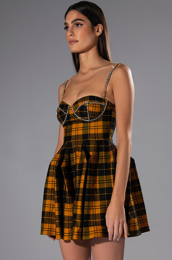 IGGY RHINESTONE DETAIL CORSET PLAID MINI DRESS