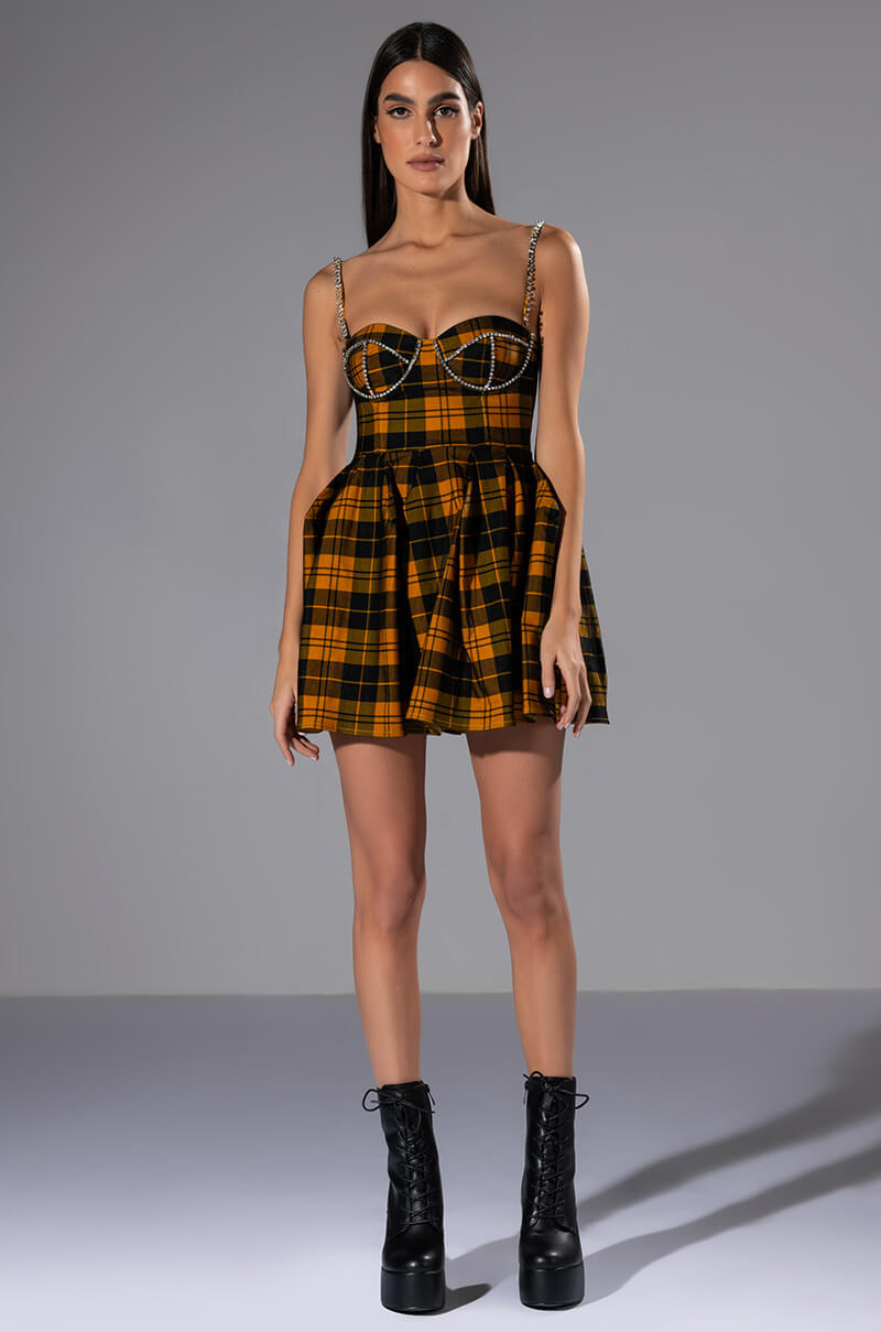 IGGY RHINESTONE DETAIL CORSET PLAID MINI DRESS