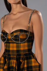 IGGY RHINESTONE DETAIL CORSET PLAID MINI DRESS