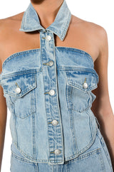 ANGELICA DENIM BUTTON DOWN COLLAR CORSET TOP