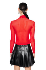 ANNIKA FRINGE DETAIL LONG SLEEVE MESH TOP IN RED