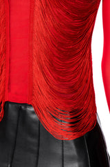 ANNIKA FRINGE DETAIL LONG SLEEVE MESH TOP IN RED
