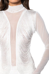ANNIKA FRINGE DETAIL LONG SLEEVE MESH TOP