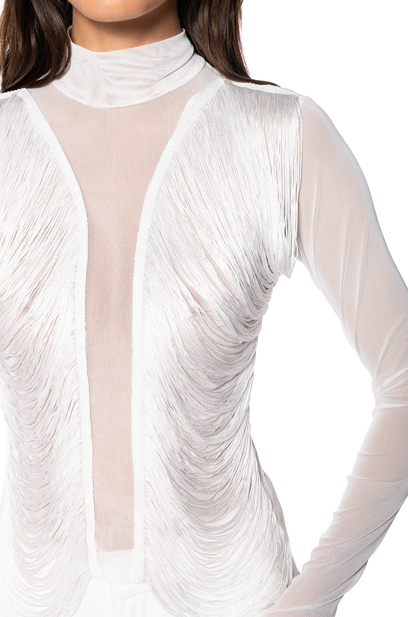 ANNIKA FRINGE DETAIL LONG SLEEVE MESH TOP