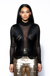 ANNIKA FRINGE DETAIL LONG SLEEVE MESH TOP