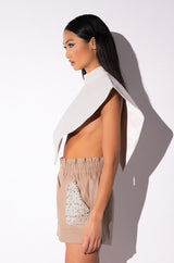 ARIA FAUX LEATHER MOCK NECK TRIANGLE BLOUSE