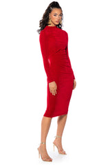 ARIANA RUCHED LONG SLEEVE FUNNEL NECK MIDI DRESS