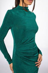 ARIANA RUCHED LONG SLEEVE FUNNEL NECK MIDI DRESS