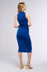 ARIANA RUCHED SLEEVELESS FUNNEL NECK MIDI DRESS IN BLUE
