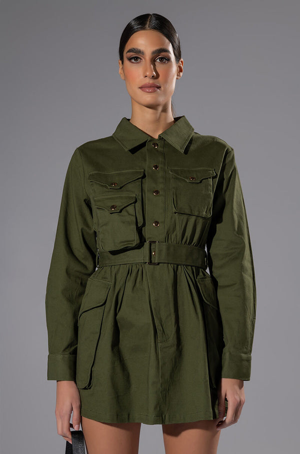 ATTENTION CARGO LONG SLEEVE MINI DRESS