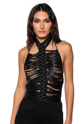AVIANA BRAIDED FAUX LEATHER HALTER NECK TOP