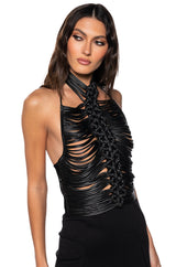 AVIANA BRAIDED FAUX LEATHER HALTER NECK TOP