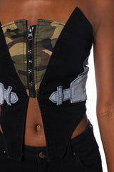 AVIATOR CAMO AND DENIM CORSET TOP