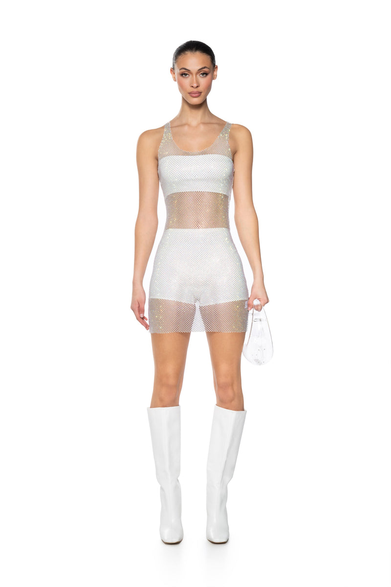 AYLA RHINESTONE MESH MIDI DRESS IN WHITE