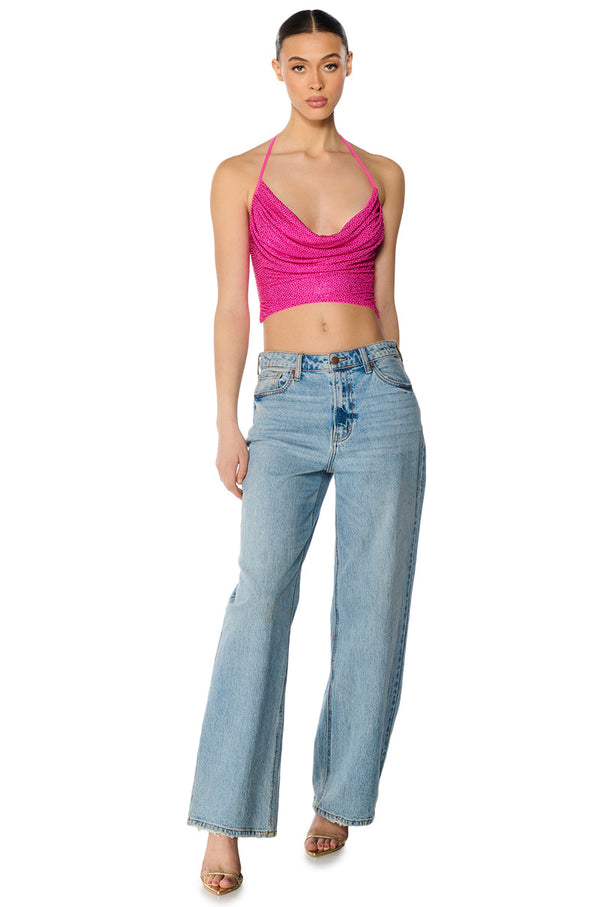 GLITZY RHINESTONE MESH HALTER TOP IN PINK
