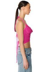GLITZY RHINESTONE MESH HALTER TOP IN PINK