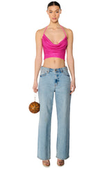 GLITZY RHINESTONE MESH HALTER TOP IN PINK