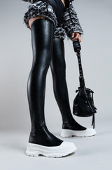 AZALEA WANG OH MY LOVE FAUX LEATHER THIGH HIGH FLATFORM SNEAKER BOOT WITH 4 WAY STRETCH IN BLACK
