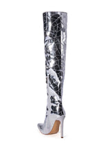 AZALEA WANG SHATTERED METALLIC STILETTO BOOT IN SILVER