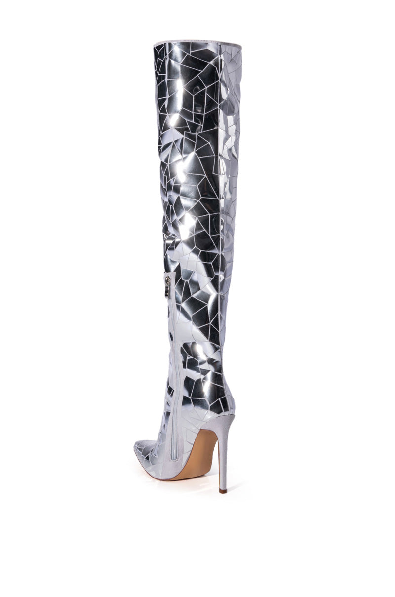 AZALEA WANG SHATTERED METALLIC STILETTO BOOT IN SILVER