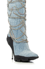 AZALEA WANG TATY DENIM CHAIN EMBELLISHED BOOT