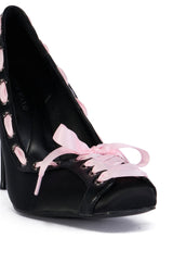 AZALEA WANG XAVIA BLACK SATIN BALLET PUMP WITH RIBBON DETAIL