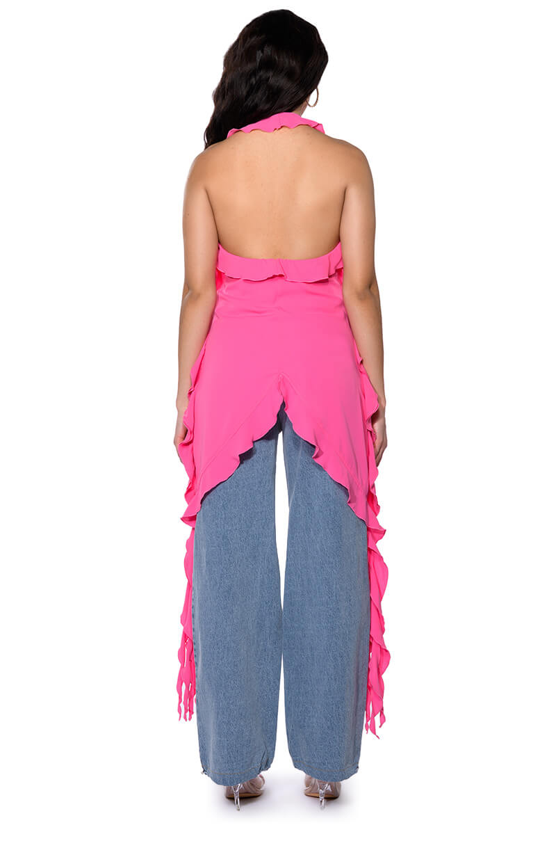 AZARI RUFFLED HIGH LOW SLEEVELESS BLOUSE
