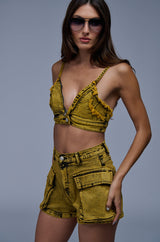 BABY GIRL ANTHEM DENIM BRALETTE TOP IN YELLOW
