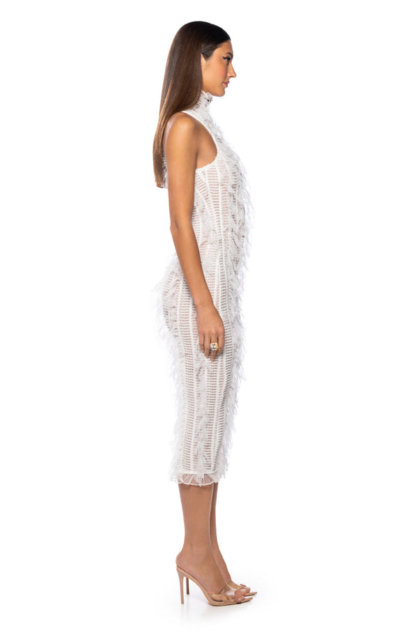 BACKSTAGE SHREDDED MIDI DRESS IN WHITE