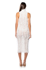 BACKSTAGE SHREDDED MIDI DRESS IN WHITE
