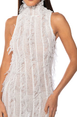 BACKSTAGE SHREDDED MIDI DRESS IN WHITE