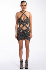 BAD AND RICH CUT OUT RHINESTONE MINI DRESS