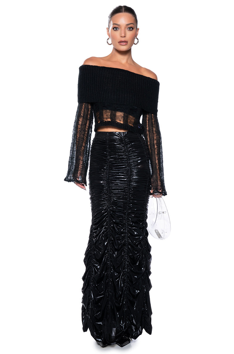 BAD INTENTIONS OFF THE SHOULDER DISTRESSED SWEATER