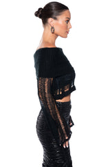 BAD INTENTIONS OFF THE SHOULDER DISTRESSED SWEATER