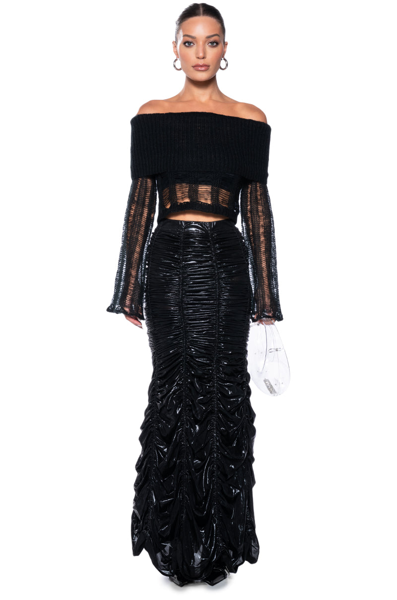 BAD INTENTIONS OFF THE SHOULDER DISTRESSED SWEATER